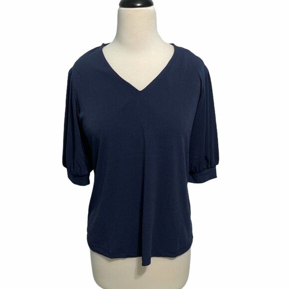 JM Collection Puff Sleeve V-neck Blouse Top Short Sleeve Intrepid Blue Small - Picture 2 of 10